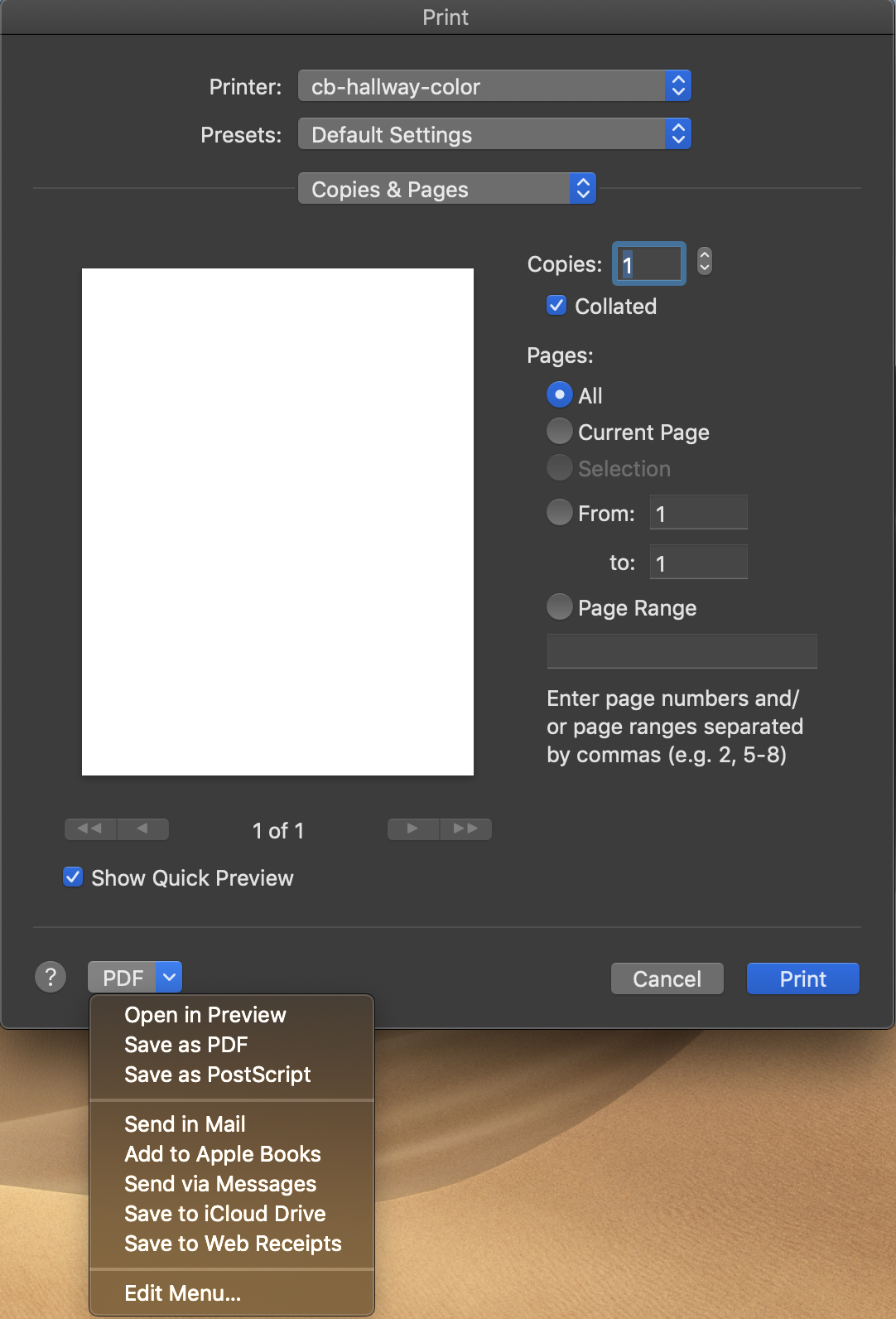 In the PDF dropdown menu, select Save as PDF to save as a PDF file.
