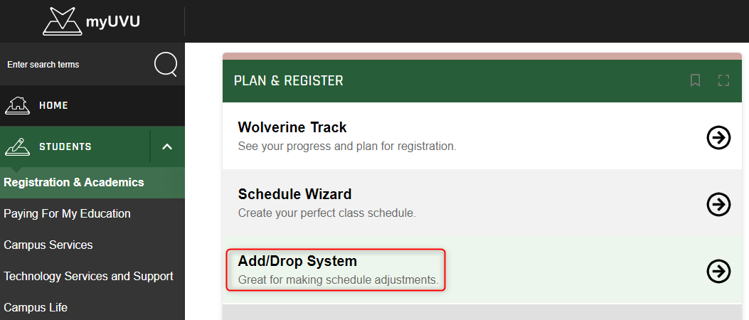 Select Add or Drop system from the Plan and Register page.