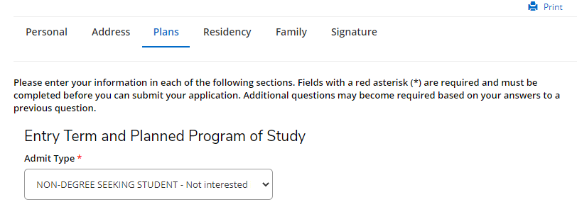 Admin type drop down menu, select Non-degree seeking student