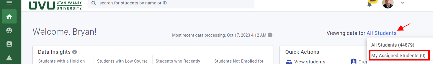 Click on All Students and then select My Assigned Students from the dropdown menu.