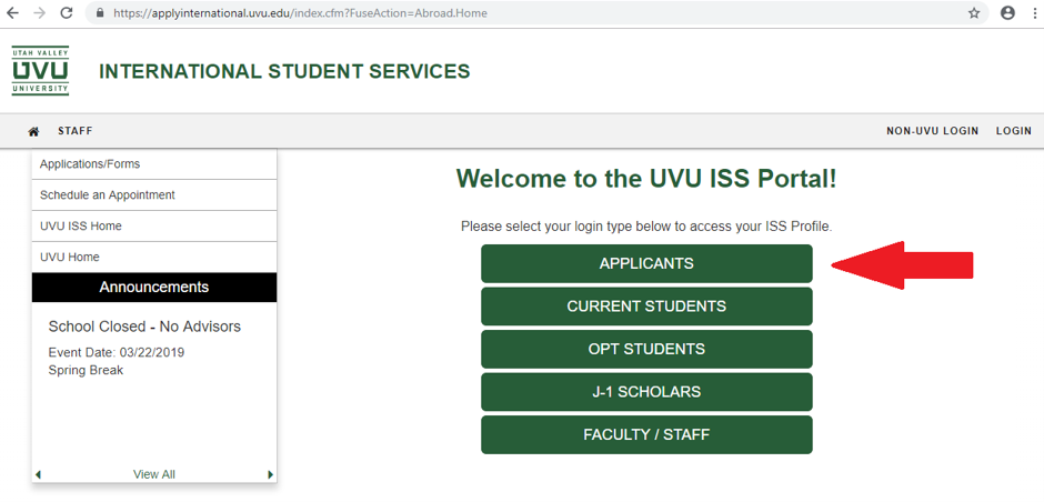 Select applicants login link from the applicant type list.