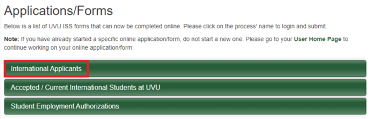On the applications and forms page select the International applicants link.