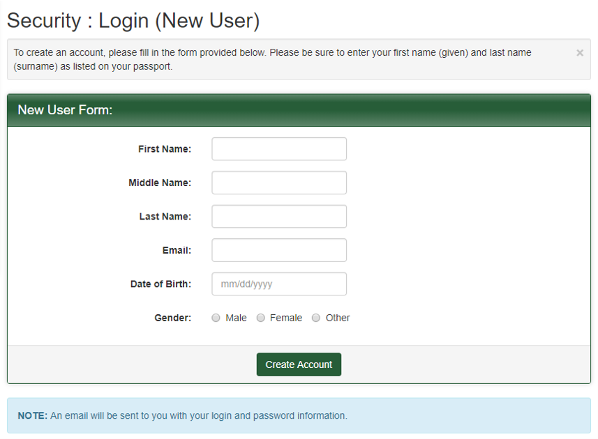 In the text boxes enter your first or given name, middle name if you have one or more, last or family name, your email address, your date of birth in two digit month, then slash, two digit day, then slash, then four digit year format, and select your gender from the radio buttons.