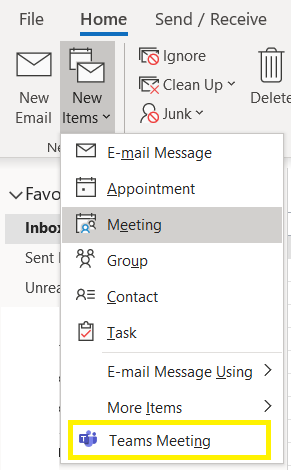 In the Home ribbon, from New Items drop down, select Meeting or Teams Meeting.