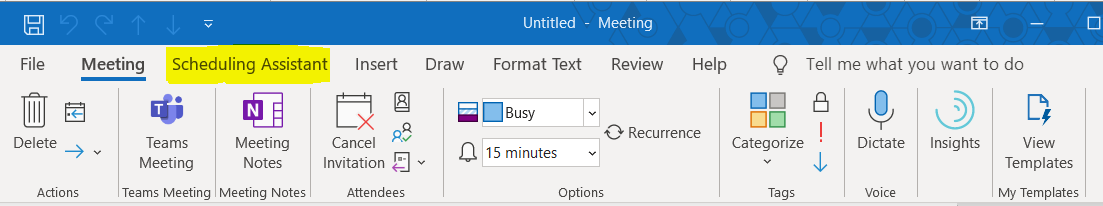 The scheduling assistant menu is found just to the right of the meeting menu.