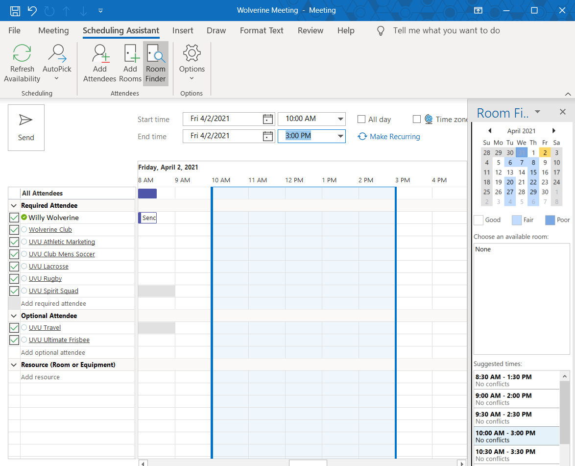 The scheduling assistant will show open and busy times for all participants entered in the required and optional fields.