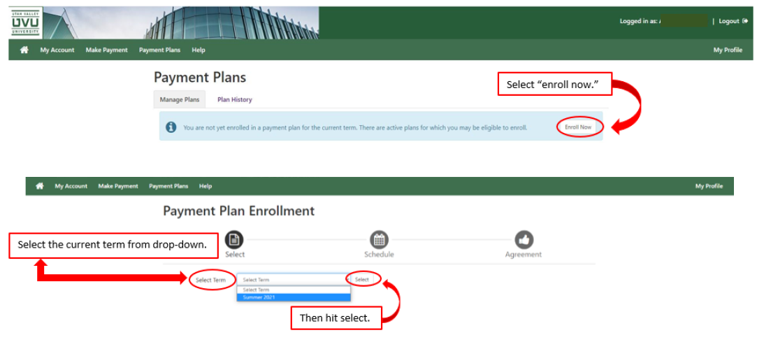 After clicking on Enroll Now, select the current academic term from the drop down menu