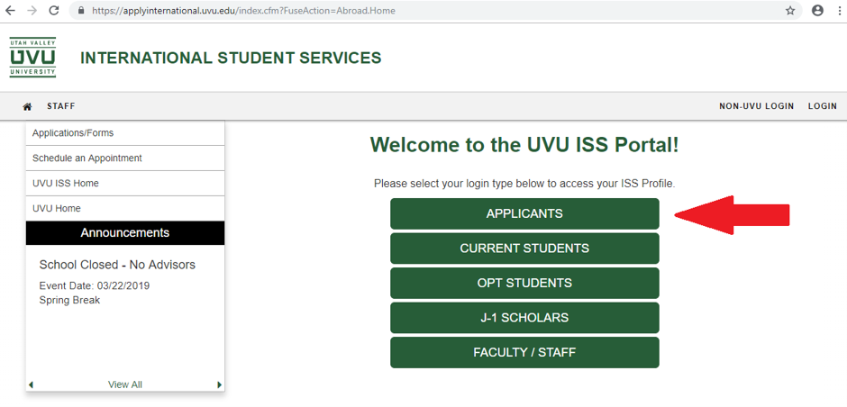 International Admissions Application portal.