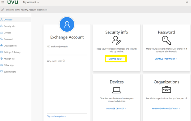 Under Security Info, click on Update Info to set or update your Security Settings