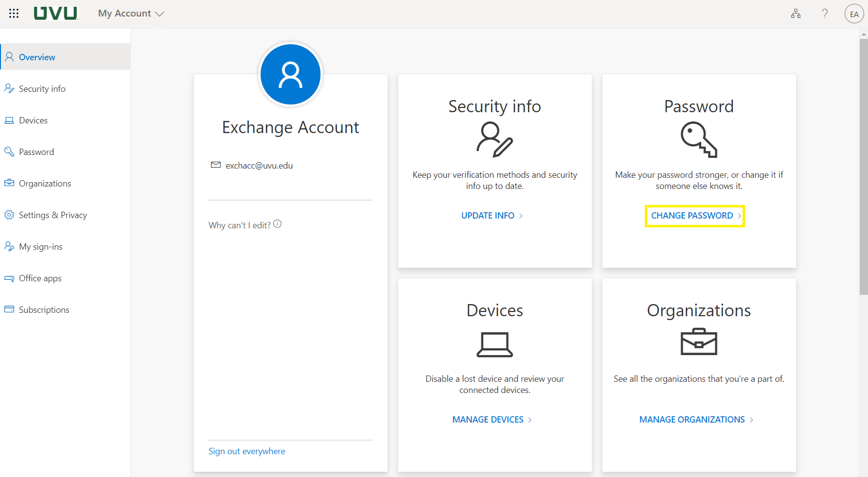 Select change password from the password panel.