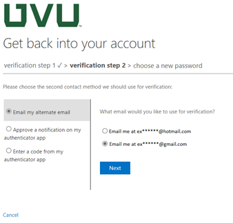 Select the second verification step to use. This shows using an email address.