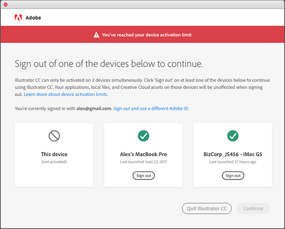 Adobe device activation limit dialog box.