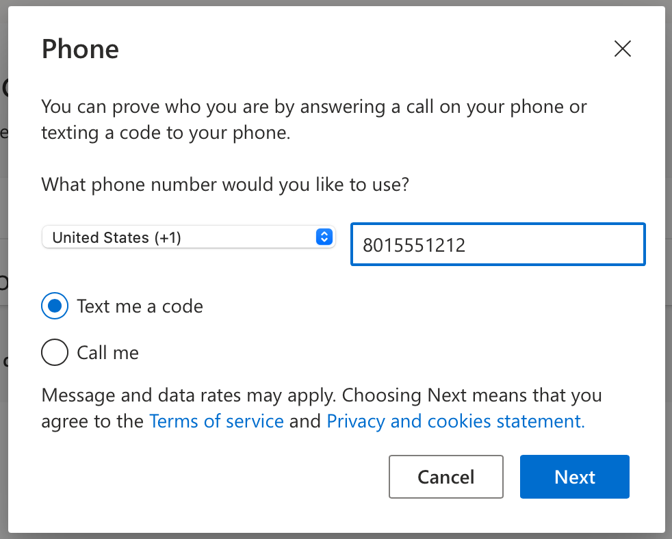 If using the phone method, enter your phone number and choose between text or call to receive a code
