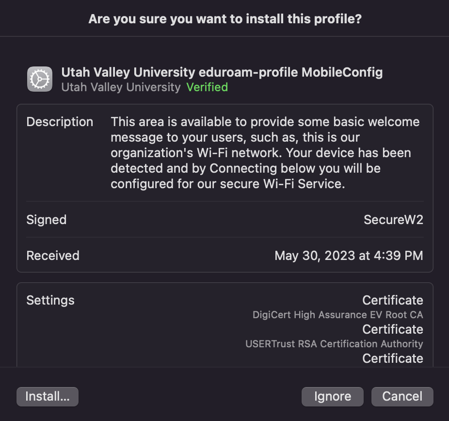 Click on the Install button in the bottom left of the window. Enter your macOS user password to install the eduroam profile.