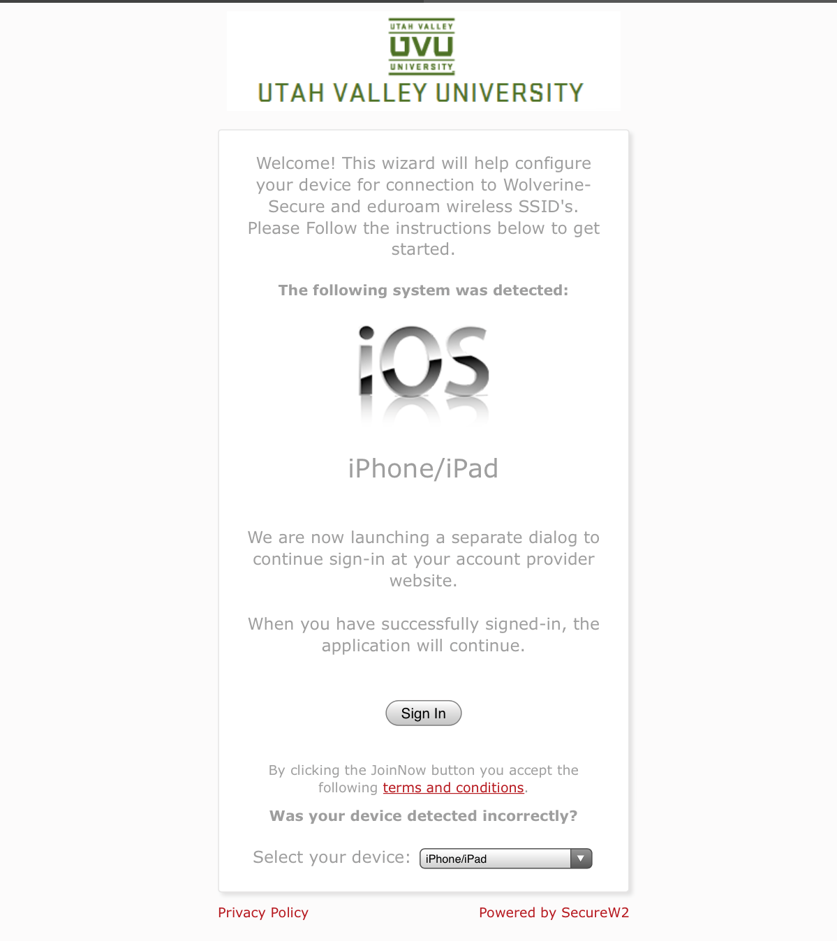 The UVU SecureW2 site.