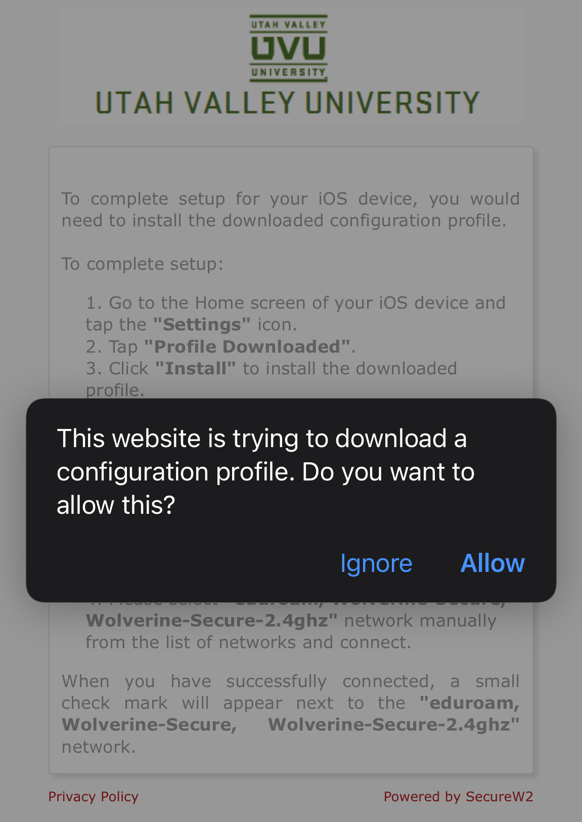 Approve the download the configuration profile.
