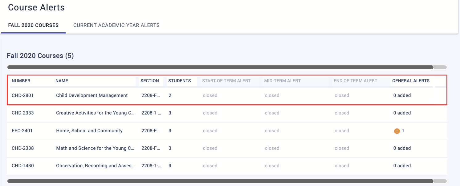 Select the course name for the list of courses.