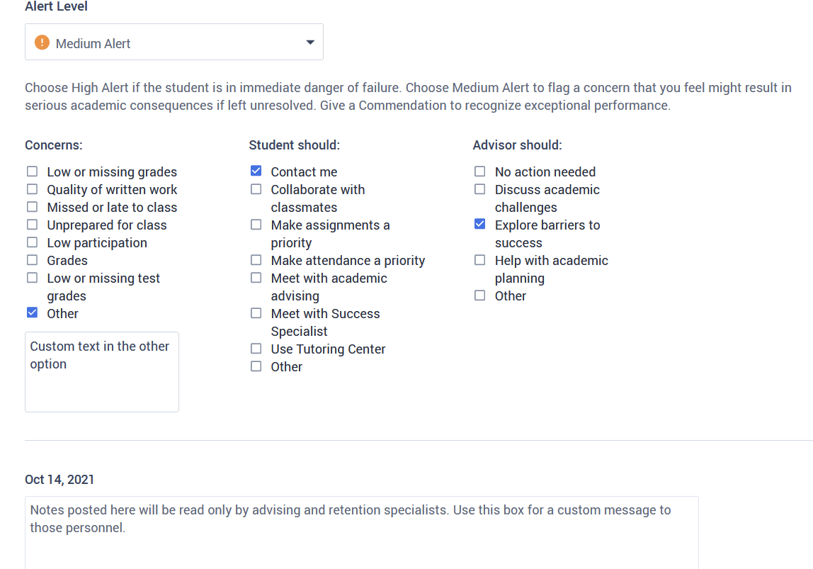 Options of the create alert view.