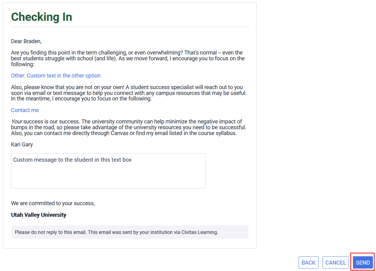 Click the Send button to send the alert email.
