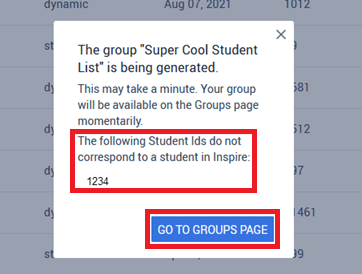 A dialog box with a list of unmatched student numbers.
