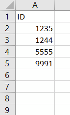 A spreadsheet with ID in the first cell of column A and student ID numbers below it.