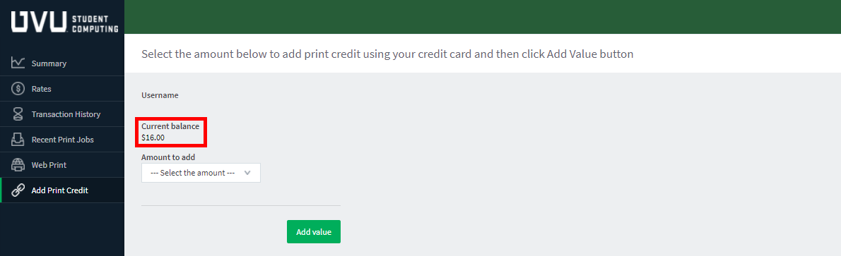 Add print credit page current balance.