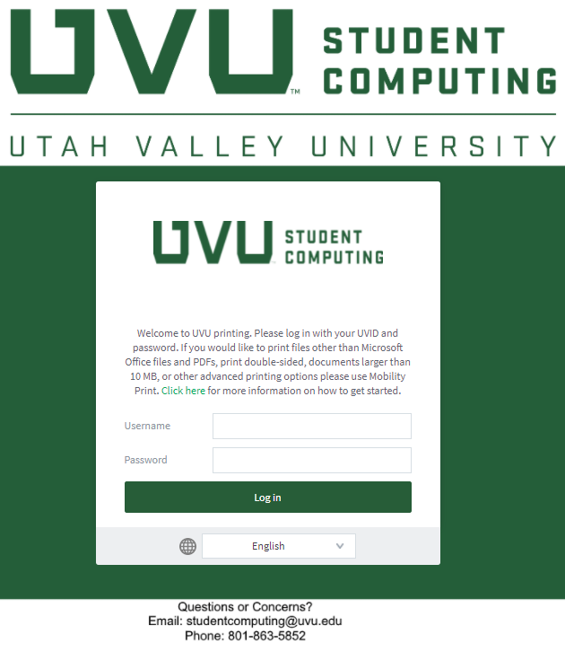 UVU Printing login page.