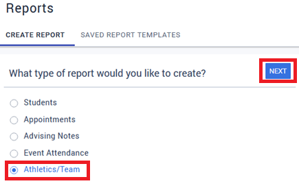 Select Athletics or Teams to create the report.
