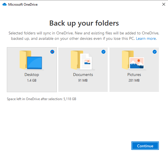 OneDrive Setup Screenshot, Select desired backup options