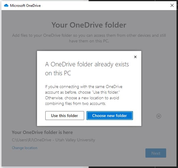 OneDrive Setup Screenshot, Click on Use This Folder