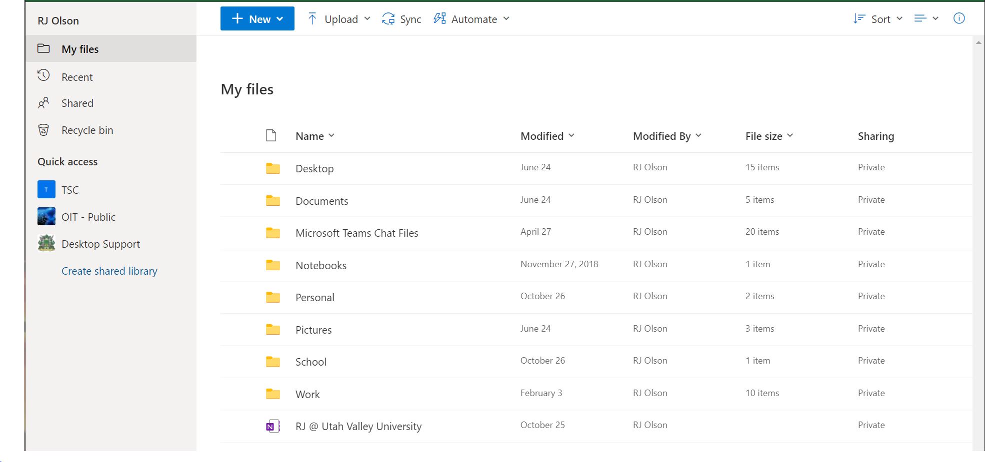 Screenshot of the OneDrive homepage