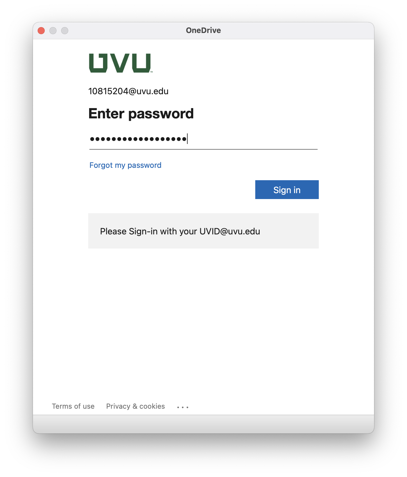 Screenshot of UVU sign-in page