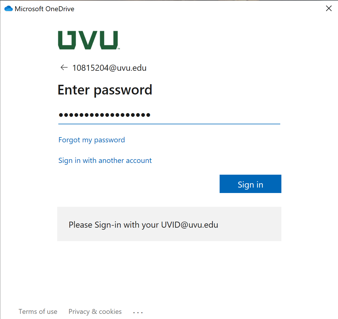 Screenshot of UVU sign-in page