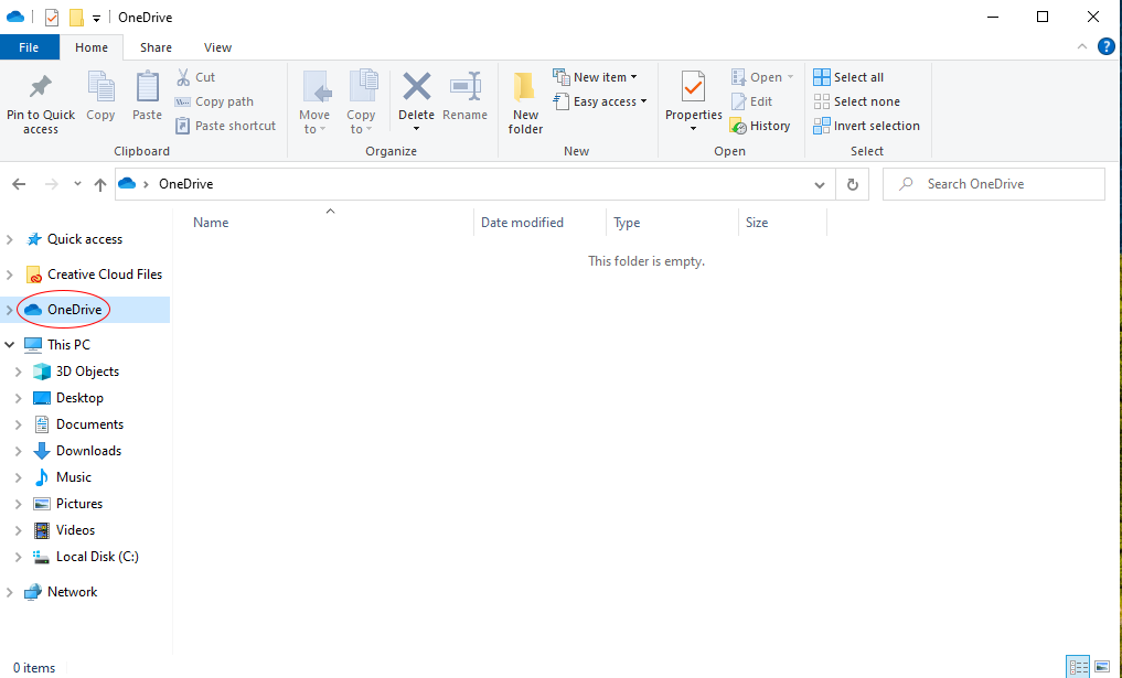 Screenshot of the File Explorer Window. The OneDrive icon is highlighted within the left side navigation pane