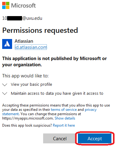 Atlassian permissions requested page where you click Accept to allow Atlassian to work with the necessary information on your Microsoft account.
