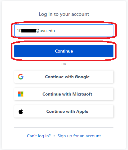 Atlassian login screen where you enter your UVU Microsoft account at the top and click the Continue button beneath it.
