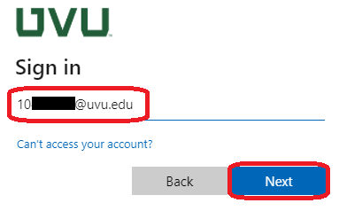 UVU Microsoft login page where you enter your Microsoft account at the top and then click Next.