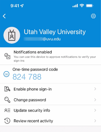Select your UVU account within the Authenticator app and select enable or setup phone sign-in