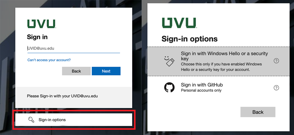 When signing into my.uvu.edu select the Sign-in Options button and select Sign in with Windows Hello or a security key.