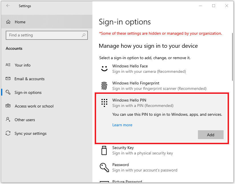 Screenshot of Sign-in options window.