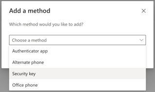 After selecting Add method, select Security Key from the dropdown menu.