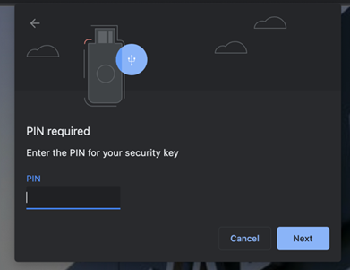 Enter your Security Key PIN and click Next to complete sign in.