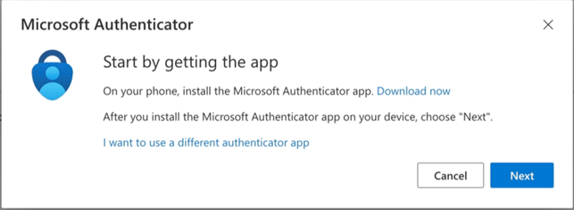 Download the Microsoft Authenticator app on your mobile device and then click Next.