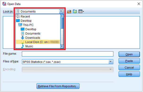 An image of the Open Data window, with the Look In menu opened, and outlined to display C on X computer.