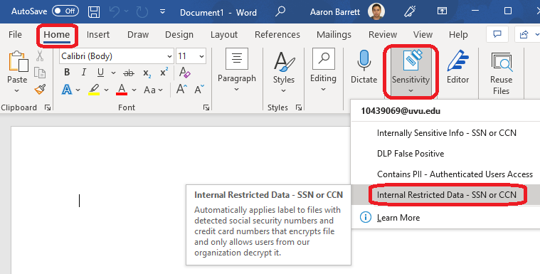 Image of local Word application showing the Home tab, Sensitivity button, and the Internal Restricted Data - SSN or CCN label unchecked.