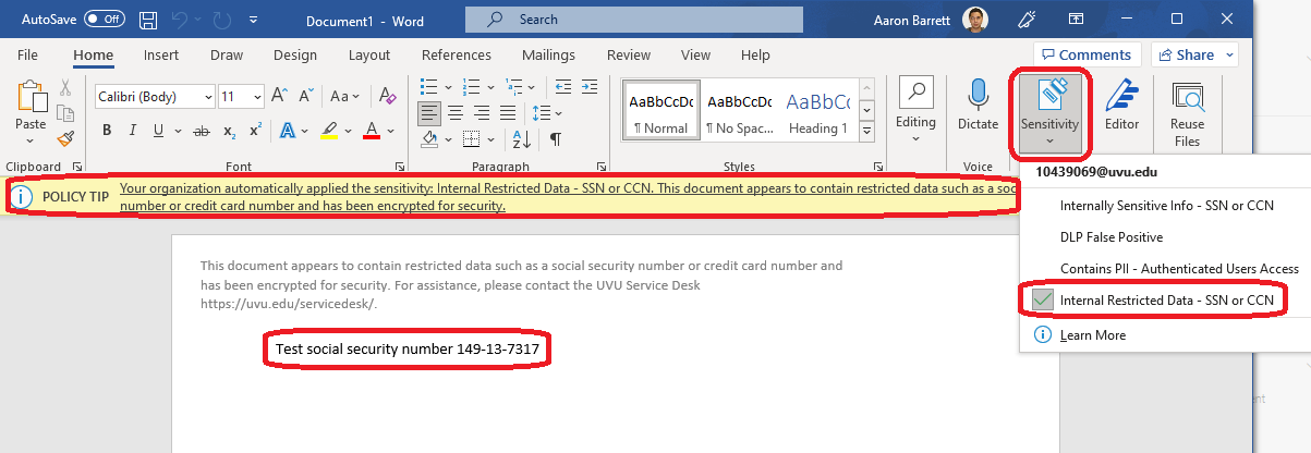 Office application screen showing policy tips from client side labeling as well as an example of restricted data and an applied encryption label.