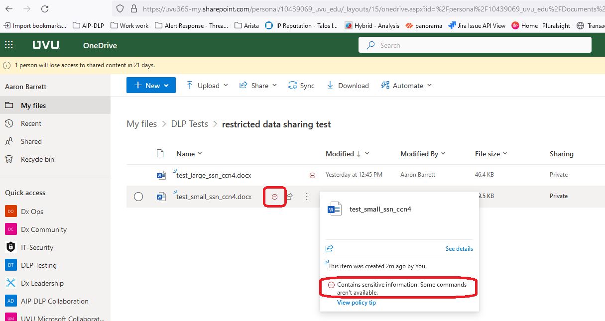 Image of OneDrive web app showing restricted data icon next to file name as well as in the file hover expand menu.