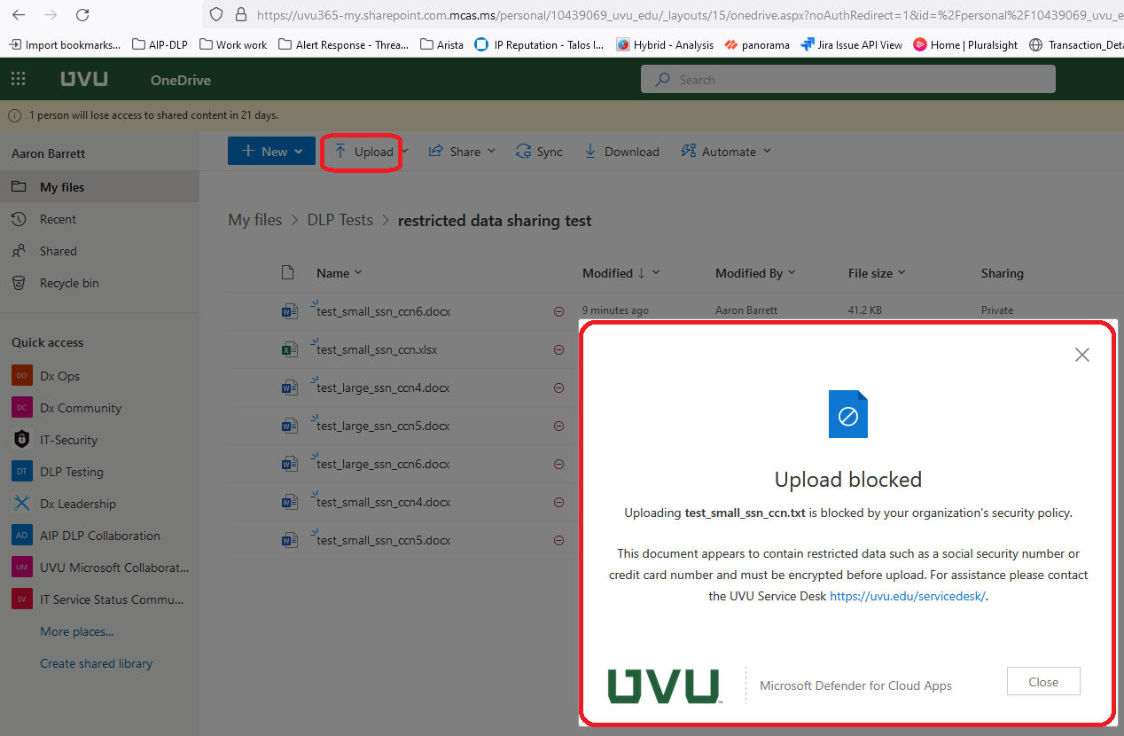 Image of OneDrive web app blocked upload notification described previously.