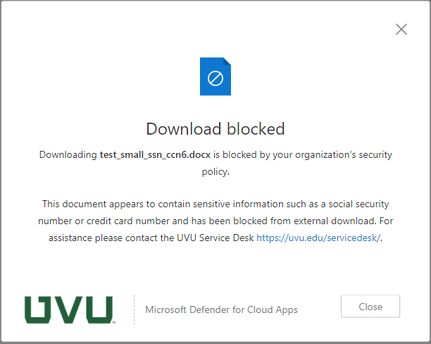 Image of Defender for Cloud Apps notification showing that the download of the file was blocked as described previously.