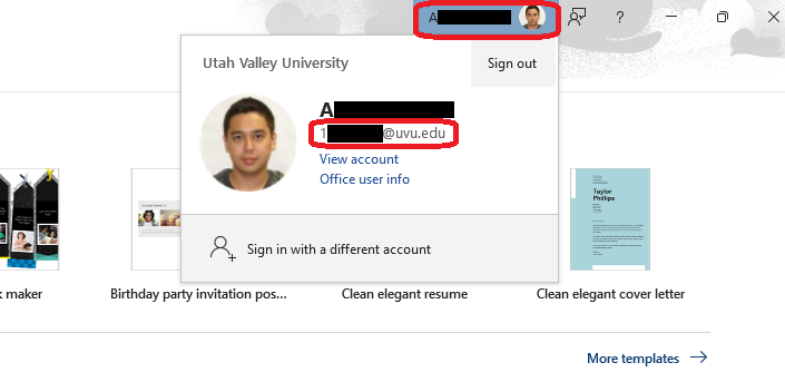 Image showing the sign-in or account profile button in the top right-hand corner of Office365 apps and a user currently signed into their UVU Microsoft account.